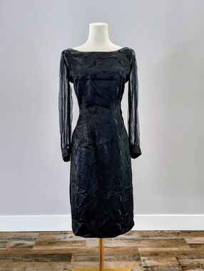 Vintage 60s Black Sheer Sleeve Dress Gothic Witchy Romantic Cocktail Small